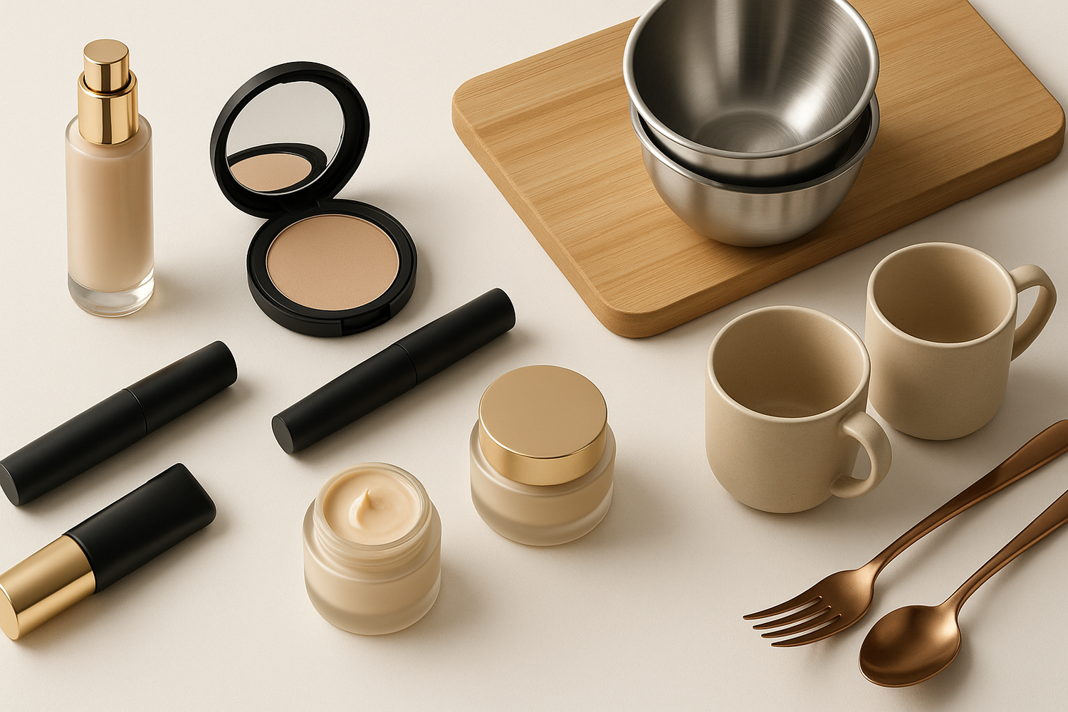High-quality, modern image for an e-commerce store selling premium cosmetics and kitchen products. Minimalist and elegant design, soft neutral colors (white, beige, black, gold accents), clean lines, aesthetically arranged beauty and kitchen items, wide format, professional and visually appealing