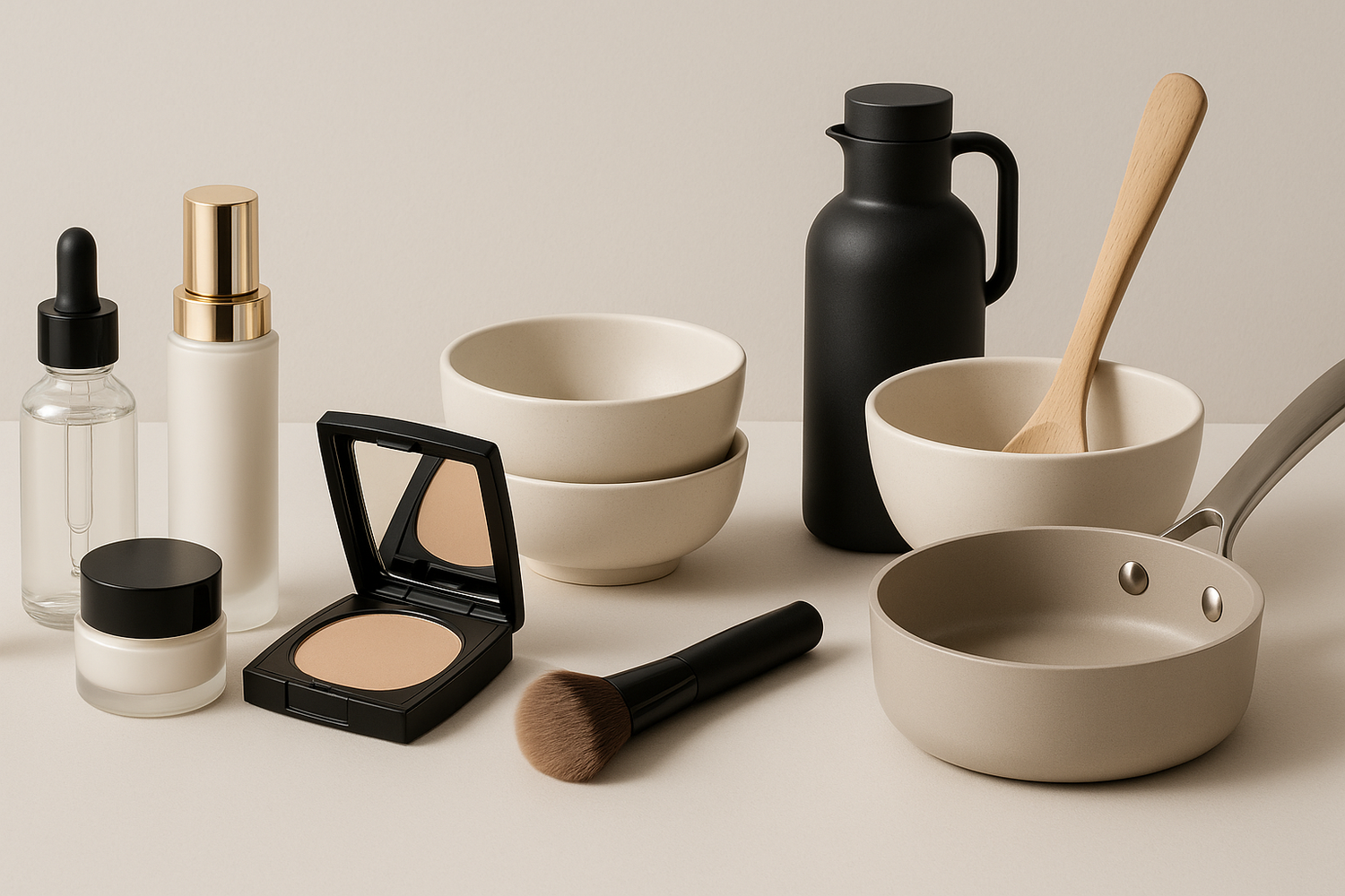 High-quality, modern image for an e-commerce store selling premium cosmetics and kitchen products. Minimalist and elegant design, soft neutral colors (white, beige, black, gold accents), clean lines, aesthetically arranged beauty and kitchen items. No text or phrases, visually appealing and professional, wide format for website header.
